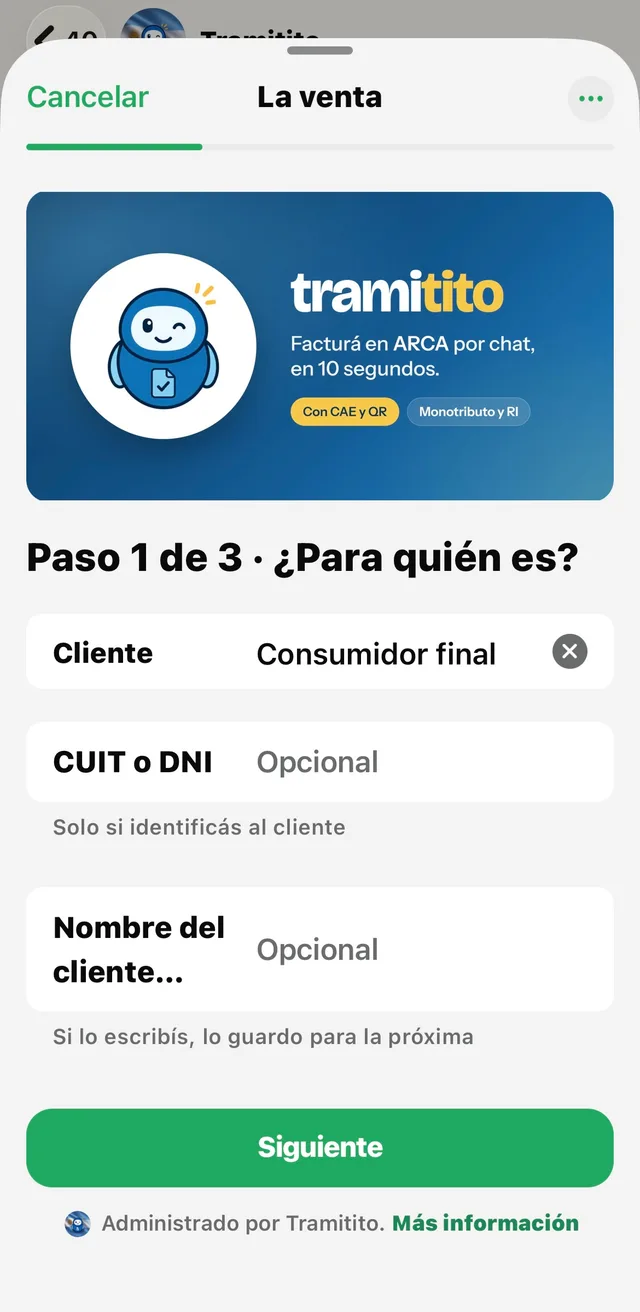 El formulario de Tramitito dentro de WhatsApp: cliente, CUIT o DNI y nombre del cliente, paso 1 de 3
